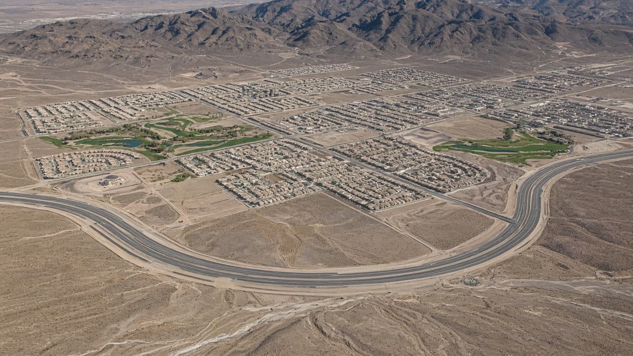 Clark County Nevada suburban communities and desert mountains from the air