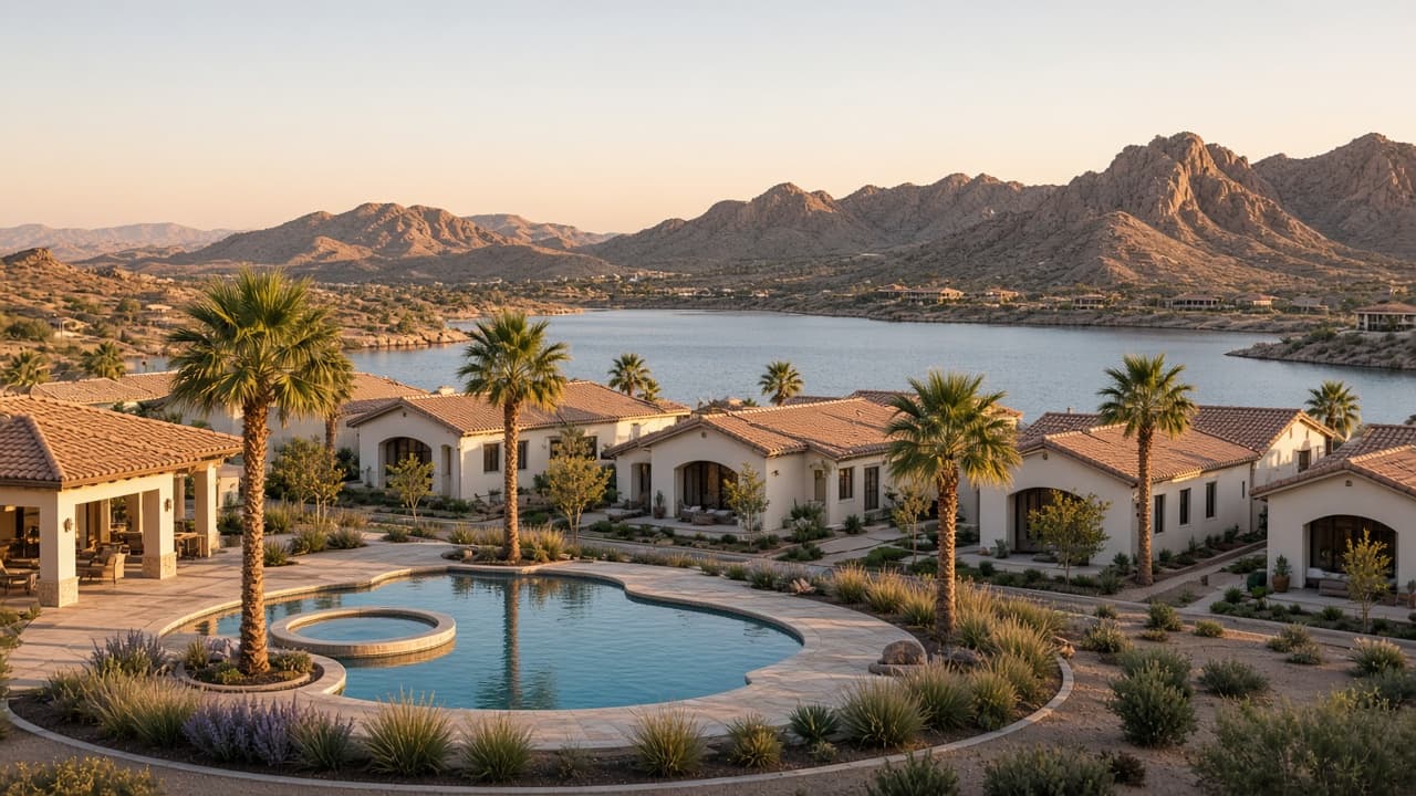 Del Webb Lake Las Vegas 55+ villas with clubhouse pool and lake views