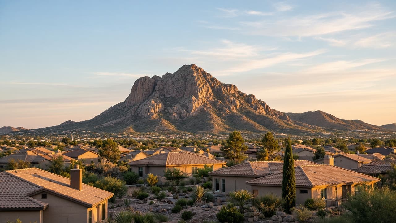 Lone Mountain Las Vegas homes with the rocky peak behind rooftops