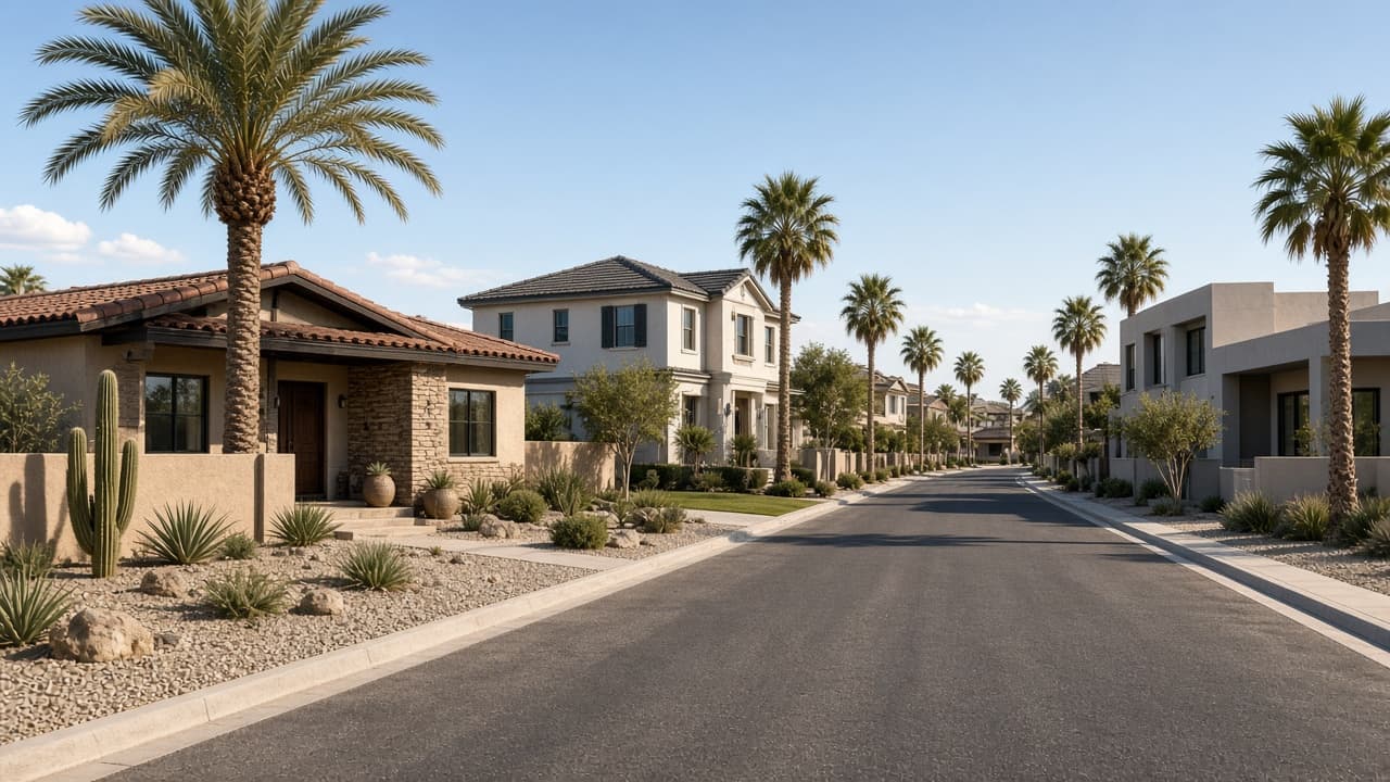 Mixed Nevada home styles along a Henderson street for MLS searches — Popular Property Searches in Las Vegas